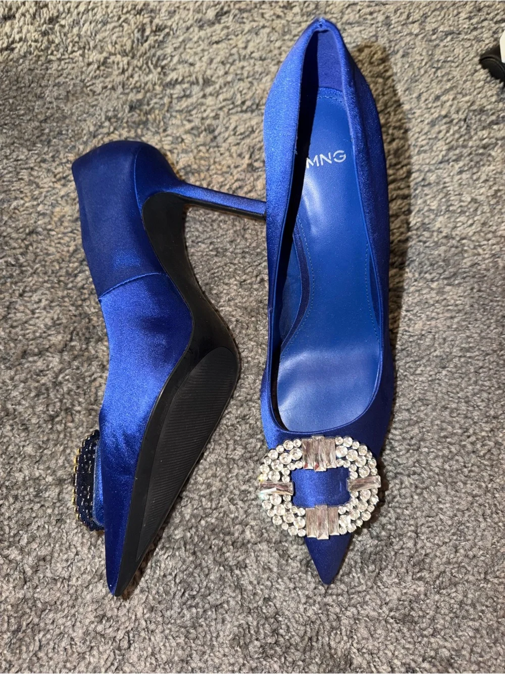 Mango Cobalt Blue Satin Pointed Toe Pumps with Crystal Buckle